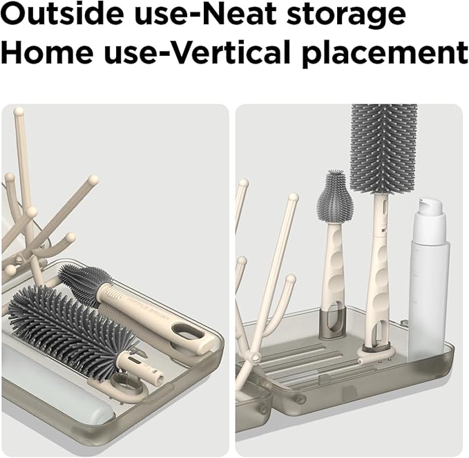 YOTIME Travel Bottle Brush Set, Auto-Open Rack & Vertical Brushs Drying Slots, 3 Brushes, Foldable Drying Rack, Dispenser, Travel Baby Essentials for On-The-Go Parents, Coffee