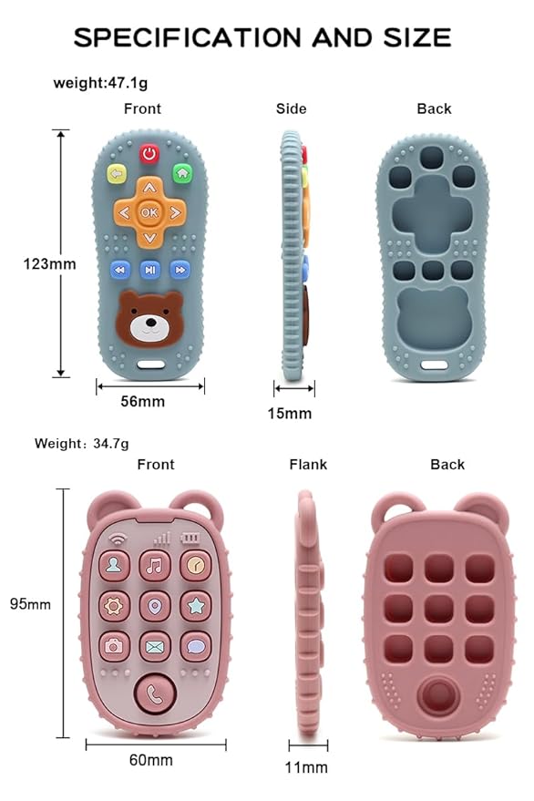 2-Pack Silicone Teethers – Remote Control & Phone Teething Toys with Popper Buttons, BPA-Free, CPC Certified Baby Essentials for Infants & Toddlers (Remote/Phone - Light Pink/Deep Pink)
