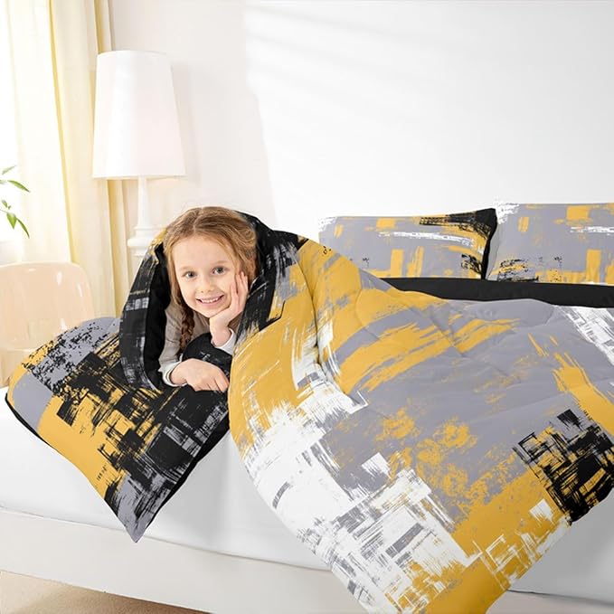 Feelyou Abstract Bedding Set Kids Modern Abstract Art Comforter Set Yellow Grey Black Comforter for Boys Room Decor Lightweight Retro Duvet Set Full Size with 2 Pillow Case