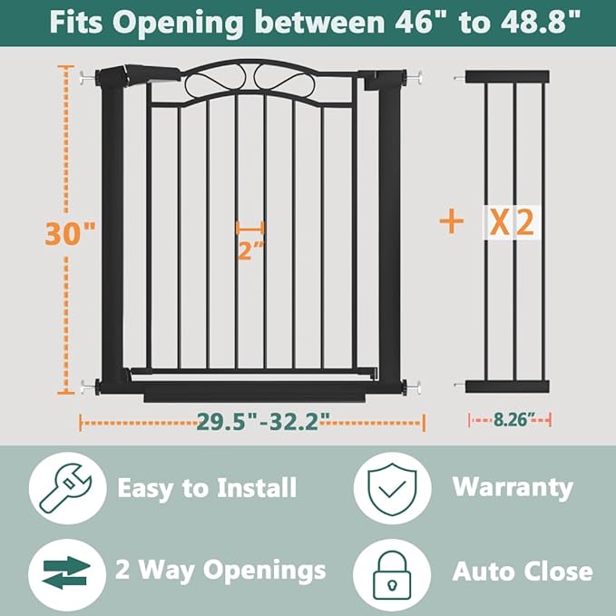 Black Wide Baby Gate with Door-Walk Through Baby Gates for Stairs Pressure Mounted no Drill-Indoor Tension Metal Child Pet Dog Safety Gate 46.06"-48.82" inches Wide
