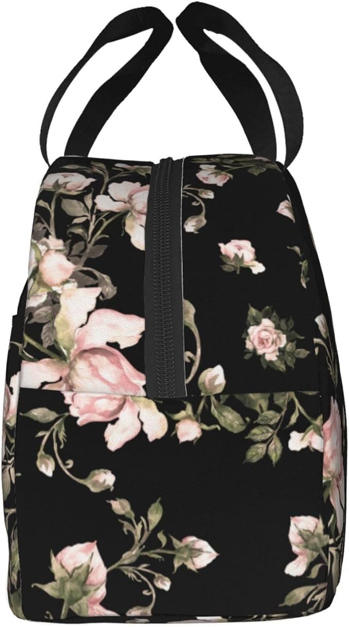 Custom Lunch Bag Watercolor Rose Pink Flower Black Personalized Insulated Lunch Box with Name Reusable Cooler Tote for Adults Student Girl Boy Work Office School Picnic Over 3 Years Old