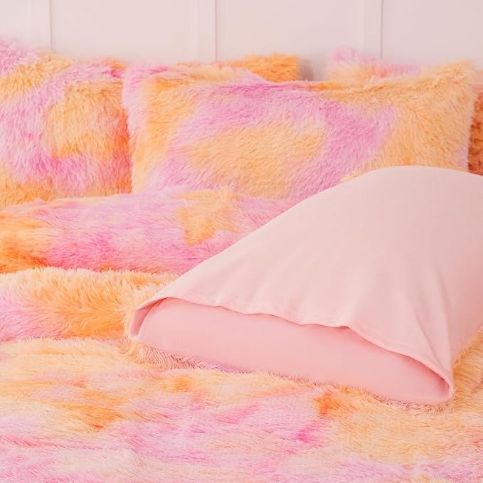 PERFEMET Orange Fluffy Comforter Queen Size 3 Pieces Colorful Faux Fur Shaggy Bedding Set Girls Teen Tie Dye Furry Bedding Ultra Soft Comfy Velvet Plush Bed Set(Orange Pink, Queen)
