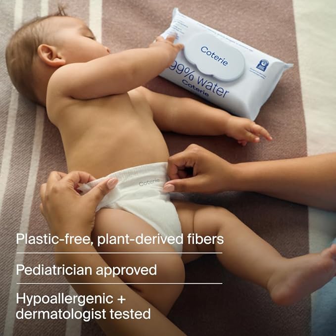 Coterie Baby Travel Size Wipes for Sensitive Skin, Plant-Based and Plastic-Free Fibers, 99% Water, Hypoallergenic, pH Balanced, Unscented, Clean and Gentle Baby Essentials, 16 Travel Packs, 288 Count