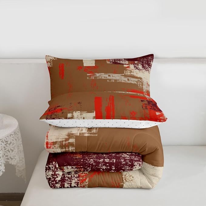 Feelyou Abstract Bedding Set Kids Modern Abstract Art Comforter Set Brown Orange Comforter for Boys Room Decor Lightweight Retro Duvet Set Queen Size with 2 Pillow Case
