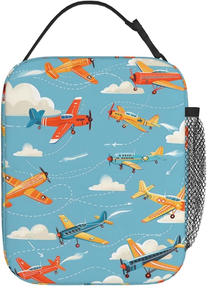 Reusable Vintage Airplane Lunch Box for Kids Girls Boys Women Adult, Insulated Retro Aircraft Blue Lunch Bag,Polyester Cooler Handbags Case for School Picnic Work Travel Beach or Hiking