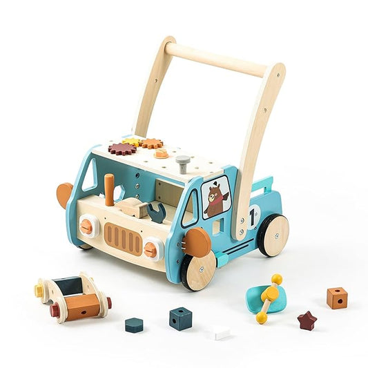 Wooden Baby Walker Adjustable Height with Tool Bench and Toy Storage Wagon - Multifunctional Toddler Push Walker Ergonomically Designed for Natural Walking - 3+ Years of Continuous Use