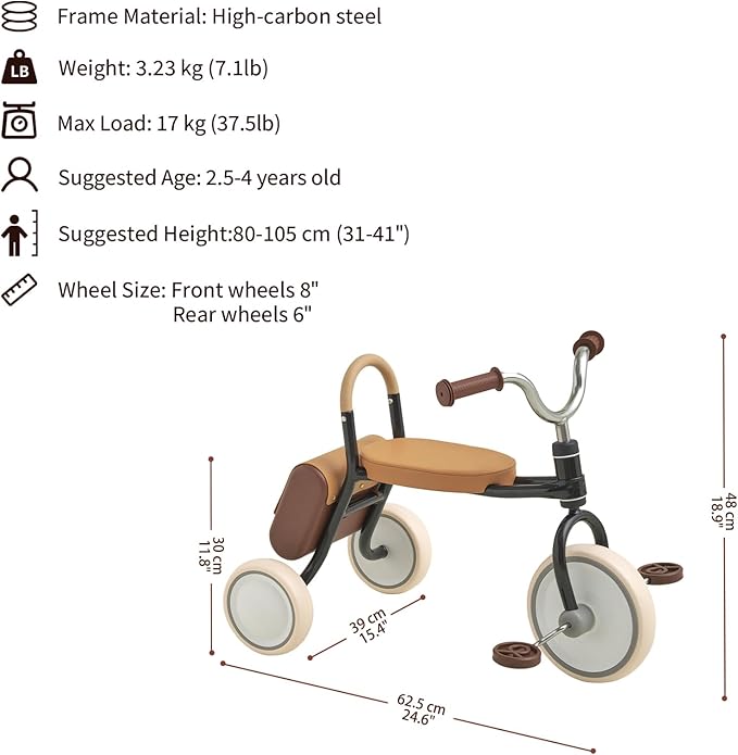 Kidpop Mate Toddler Tricycle Age 2.5-4 Kids First Birthday Gift Toy Bike with Handlebar Grips & Storage for Outdoor Play (Black)