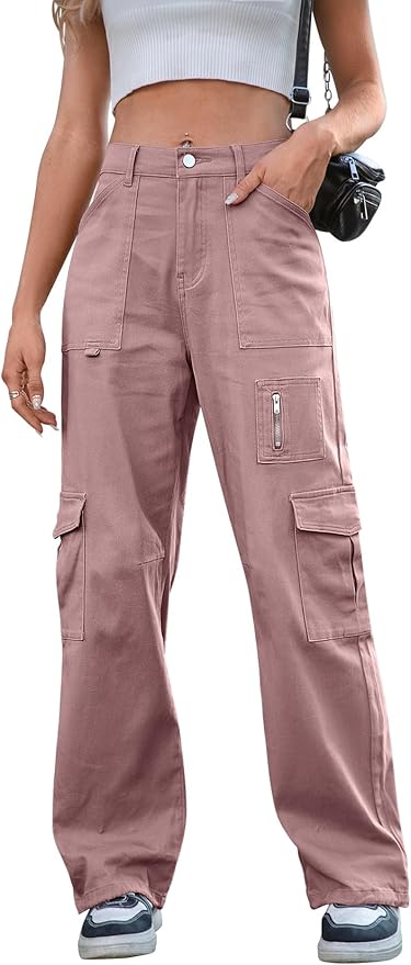 IVIR Cargo Pants Women High Waist Wide Leg Casual Pants with 7 Pockets Stretchy Drawstring Baggy Y2K Trousers