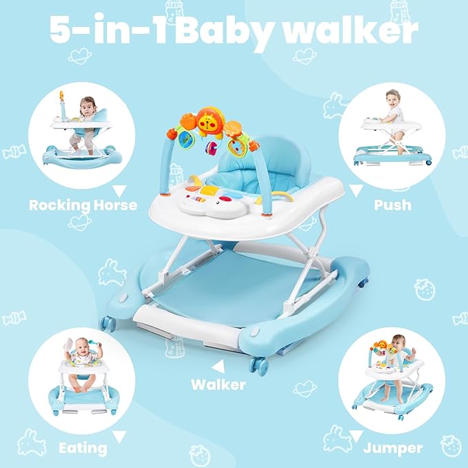 Baby Walker, 5-in-1 Baby Walkers for Boys and Girls 6-12 Months with Bouncer, Removable Footrest, Feeding Tray & Music, Foldable & Adjustable Activity Walker for 6-18 Months Toddler Infant