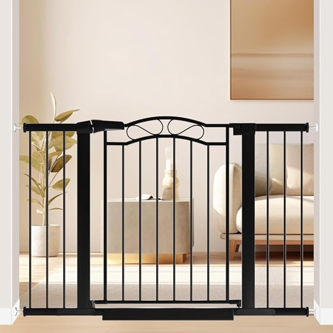 Black Wide Baby Gate with Door-Walk Through Baby Gates for Stairs Pressure Mounted no Drill-Indoor Tension Metal Child Pet Dog Safety Gate 46.06"-48.82" inches Wide