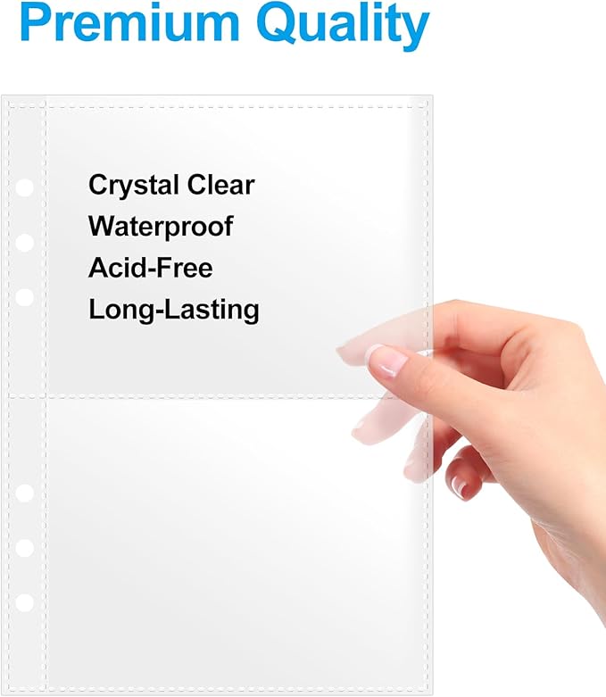 3x5 Index Card Sleeves Binder Sheets - 50 Pack | Clear Plastic Refill 2 Pocket Page Protector for Recipe Cards, Photo Cards, Flash Cards | Fits 6-Ring A5 Binder | Organizer and Holder - 200 Pockets