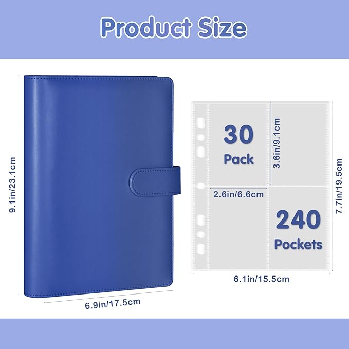 A5 Kpop Photocard Binder, PU Leather 6-Ring Album with Magnetic Closure, Includes 30 Pack 4-Pocket Pages for 240 Cards, Card Holder for Trading and Collectible Cards (Deep Blue)