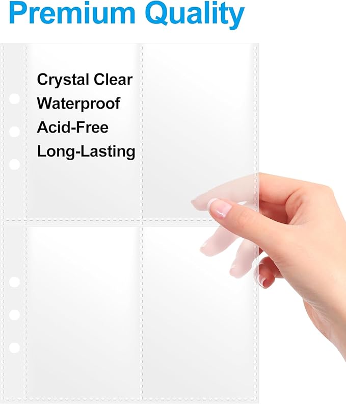 A5 4 Pocket Card Sleeves Binder Refill Pages – 50 Pack Stores 400 Cards – 6 Ring Insert Sheets for Kpop Photocards, Trading Cards, Sports Baseball Card Protector Holder