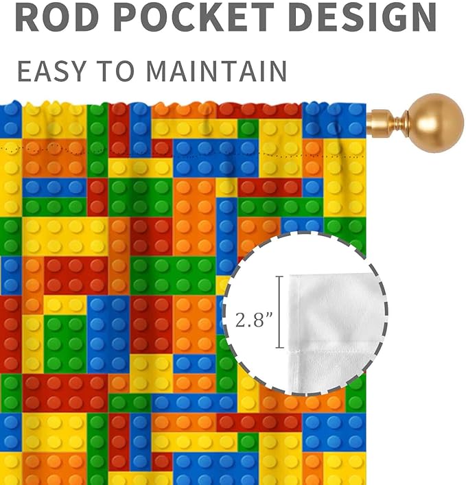 Kids Boys Curtains for Bedroom Building Blocks Curtains, Colorful Plastic Block Building Constructor Brick Blackout Window Treatments for Playroom Living Room Nursery, 84"x84" Inch