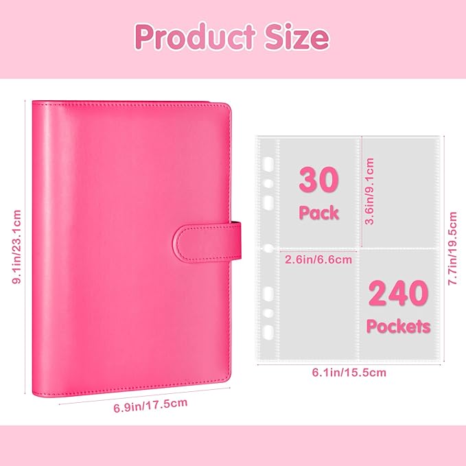 A5 Kpop Photocard Binder, PU Leather 6-Ring Album with Magnetic Closure, Includes 30 Pack 4-Pocket Pages for 240 Cards, Card Holder for Trading and Collectible Cards (Rose)