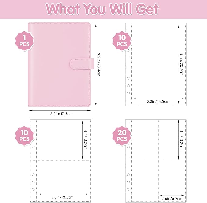 Antner A5 Kpop Photocard Binder 6-Ring Card Collector Album with 40 Pack Card Sleeves, PU Leather Photocard Holder Book with Multi-Size Photo Protectors for Organizing Trading Cards, Pink A5 Binder