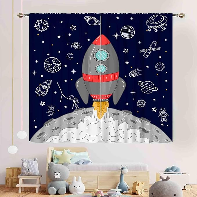 Kids Space Curtains for Boys Room, Cartoon Rocket Universe Galaxy Space Planets Navy Blackout Kids Window Drapery Treatments for Bedroom Living Room Nursery Playroom 2 Panels, 52"x84" Inch