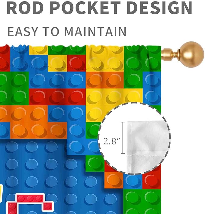 Kids Boys Curtains for Bedroom, Colorful Building Blocks Plastic Brick Pattern Abstract Contour Printed Blue Blackout Drapes for Boys Room Living Room Nursery Party Decor, 63"x63" Inch