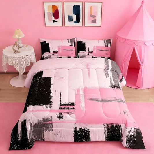 Feelyou Abstract Comforter Modern Abstract Art Comforter Set for Boys Girls Children Pink Black Pattern Bedding Set Room Decor Queen Size Duvet Set 3Pcs