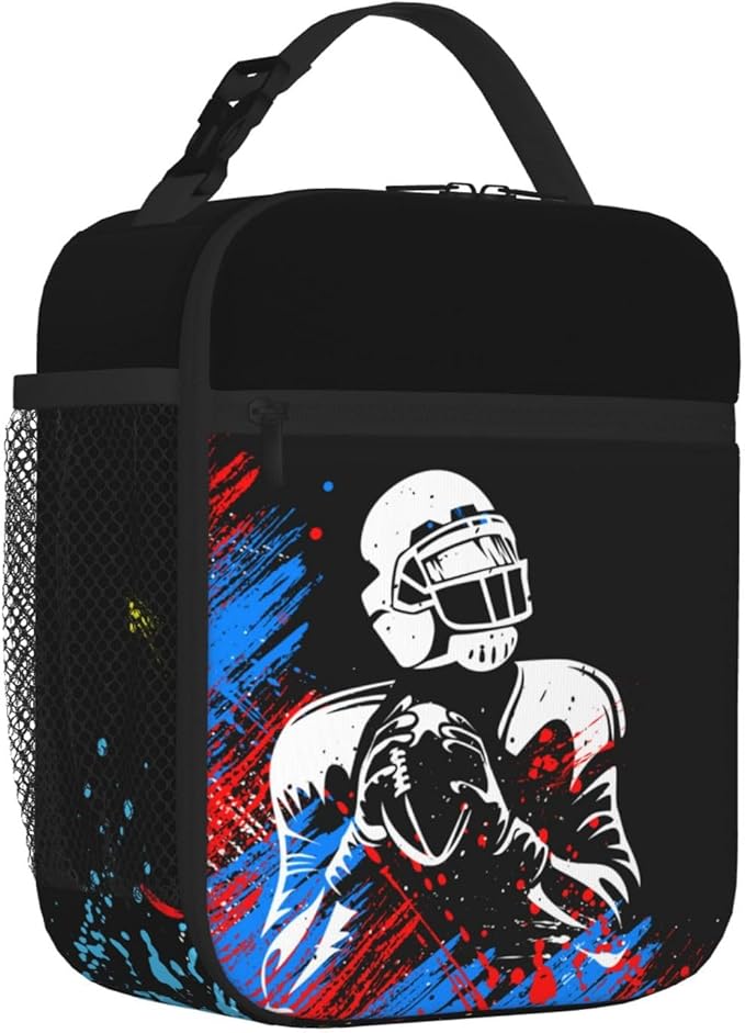 Sports-themed Lunch Bag for Boys Football Insulated Lunch Box with Football Players Pattern Print, Black Cooler Thermal Lunch Bag Tote Handbag with Water Bottle Holder for Kids Teens Youth Adults