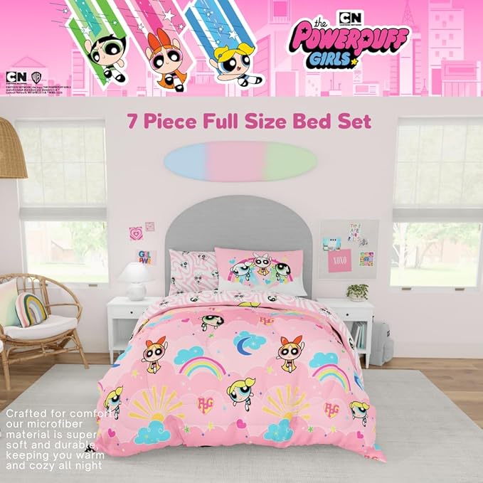 Franco Collectibles Powerpuff Girls Bedding 7 Piece Super Soft Comforter and Sheet Set with Sham, Full, (100% Official Licensed Product)