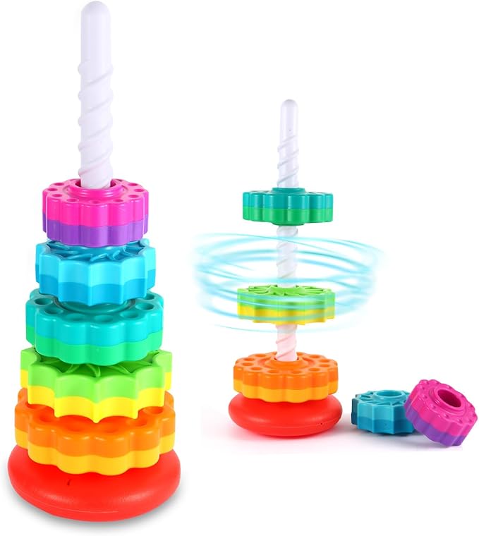Spinning Stacking Toys - Rainbow Tower, Kids Stackable Spinning Toy, Educational Toy for Toddlers 1-3, Strong ABS Plastic, Color & Shape Recognition, Builds Sensory & Motor Skills