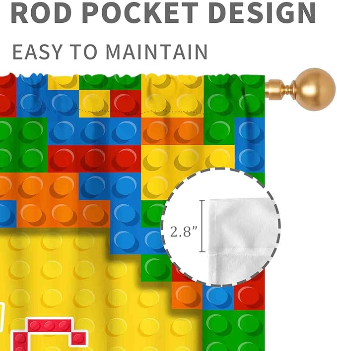 Building Blocks Curtains for Boys Room, Abstract Colorful Plastic Building Brick Blocks Geometric Printed Pattern Yellow Window Drapes for Kids Baby Bedroom Living Room, 84"x84" Inch