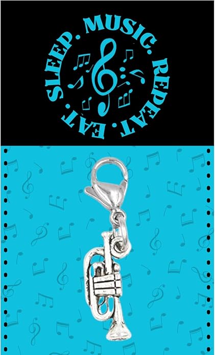Sportybella Trumpet Clip-On Charm with Music Card – Silver-Tone Musical Instrument Pendant for Brass Players, Bracelets, Backpacks, Jackets, and Bags – Durable Lobster Clasp Accessory