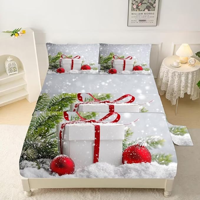 kxry Christmas Fitted Sheet Set Snow Scene Evergreen Bough Bedding Set Queen Size for Girls Boys Kids Gift Box Red Balls 1 Fitted Sheet + 1 Flat Sheet + 2 Pillow Cases
