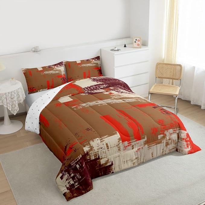 Feelyou Abstract Bedding Set Kids Modern Abstract Art Comforter Set Brown Orange Comforter for Boys Room Decor Lightweight Retro Duvet Set Queen Size with 2 Pillow Case