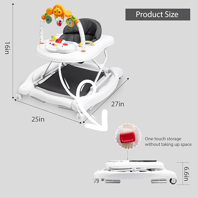 5-in-1 Baby Walker, Baby Walkers for Boys Girls 6-18 Months, Foldable Activity Walker, Toddler Infant Walker with Bouncer, Adjustable Height, Removable Footrest, Feeding Tray, Music