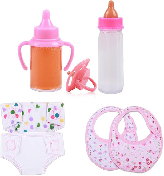 Baby Doll Accessories Set – 7 Pcs Feeding and Caring Set with Magic Disappearing Bottles, Pacifier, Diapers and Bibs Doll Pretend Play Gift for Kids