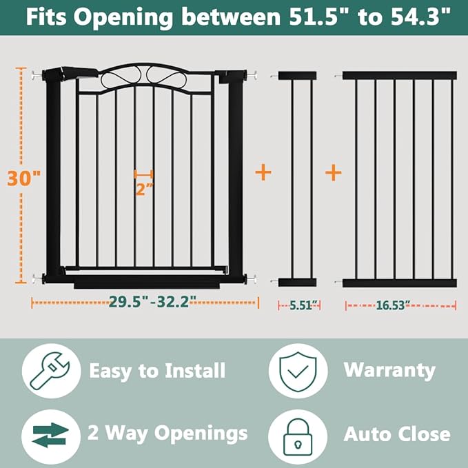 Fairy Baby 51.6"-54.3" Extra Wide Baby Gate with Door, 52 53 54 Inches Walk THR Baby Gates for Stairs Pressure Mounted no Drill, Indoor Tension Metal Child Pet Dog Safety Gate for Kids, Black