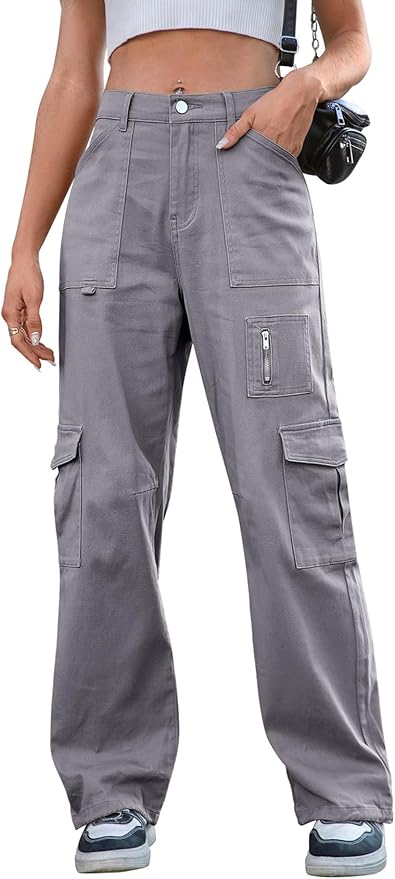 IVIR Cargo Pants Women High Waist Wide Leg Casual Pants with 7 Pockets Stretchy Drawstring Baggy Y2K Trousers