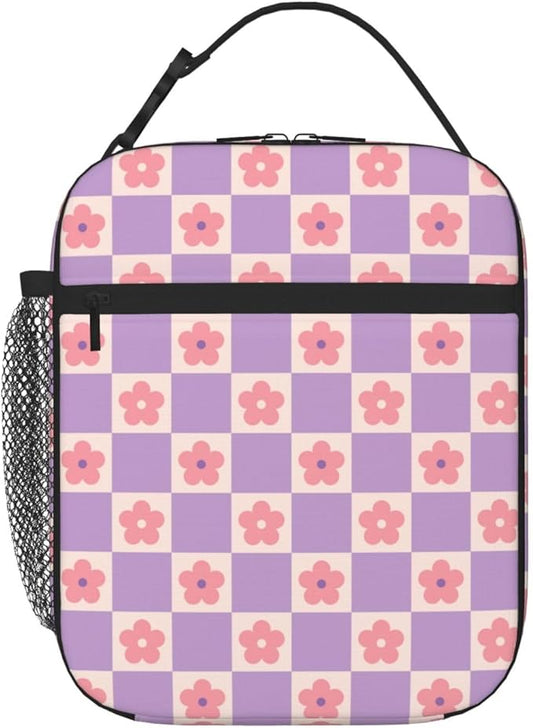 Checkered Pink Flower Insulated Lunch Bag Kids,Kids Lunch Box for Girls Boys,Bento Lunch Box Cooler Bag with Front Pocket for Women Men,Cute Lunch Tote Bag Lunchbox for Work/Office/School/Picnic