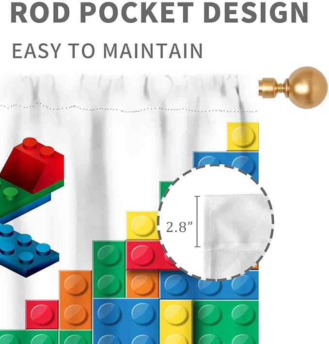 Building Blocks Curtains for Boys Room, Abstract Colorful Plastic Building Brick Blocks Geometric Helicopter Aircraft Pattern Window Drapes for Baby Bedroom Living Room, 55"x63" Inch