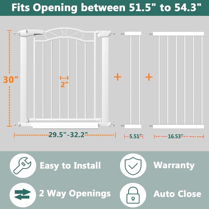 Fairy Baby 51.6"-54.3" Extra Wide Baby Gates for Doorways, Safety Child Gate for Kids Dog, Metal Auto Close Stair Gates Indoor for Children Toddler Pressure Mount Kit, Walk Thru Garden Gate, White