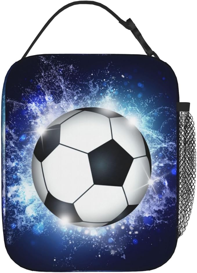 Sports Lunch Box with Soccer Pattern Print, Blue Insulated Lunch Bag for Kids Teens Boys Girls, Reusable Lunch Bag Ice Packs Containers Tote Handbag with Water Bottle Holder and Handle