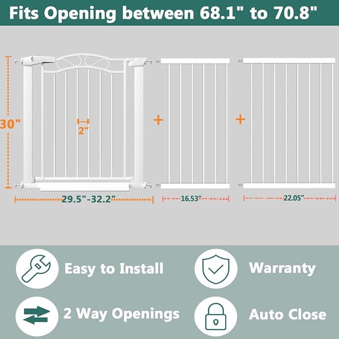 Fairy Baby 68.1"-70.8" Extra Wide Press Mounted Baby Gate Indoor for Kids Or Pets Walk Thru No Drill Long Dog Gates for The House Doorway Child Safety Gate