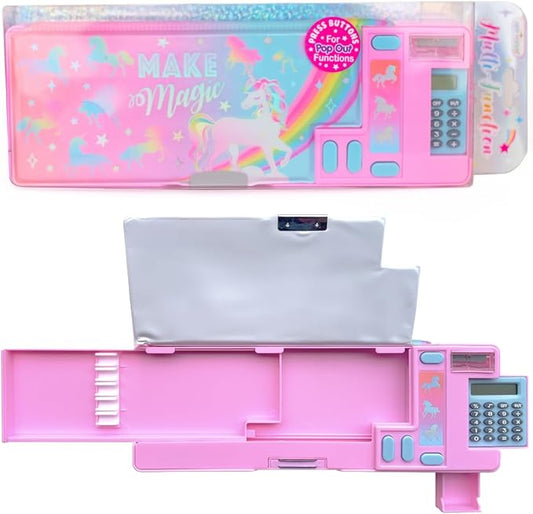 Hot Focus Unicorn Pencil Case – Multifunction Mechanical Pencil Box for Girls, 2 Compartments w/Pop-Out Calculator & Sharpener, Stationery Set, Perfect Stationery Gift for Kids & Teens (Unicorn)