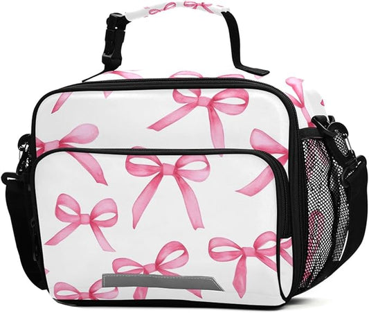 ALAZA Pink Bows Girls Lunch Box Kids Lunchbox Insulated Reusable Meal Container Lunchbag with Shoulder Strap