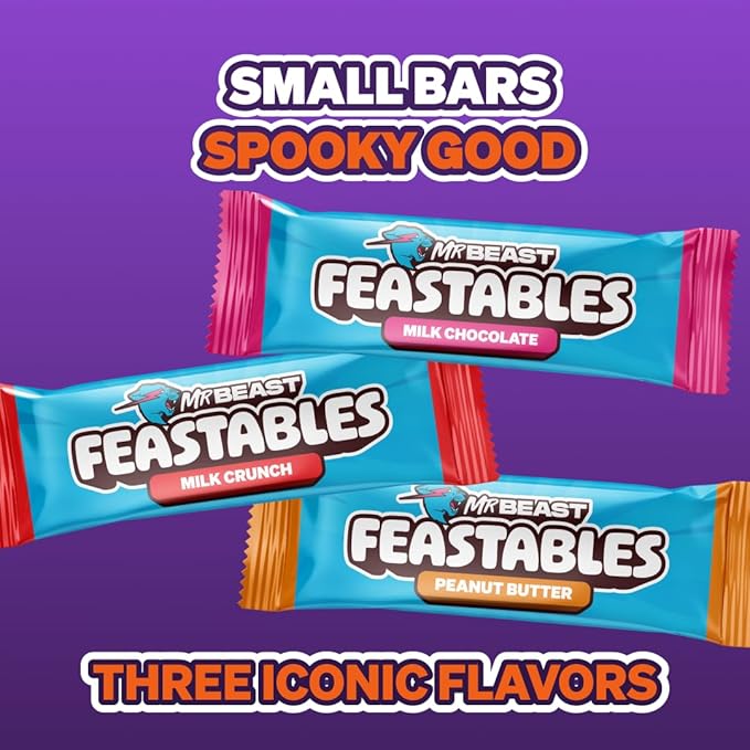 Feastables Mrbeast Halloween Candy Variety Pack With Milk Chocolate, Peanut Butter, & Milk Crunch Mini Bars, Trick or Treat Chocolate Bar Snacks or Party Favors, Fairtrade Cocoa, 12.69 Oz Bags, 4 Pack