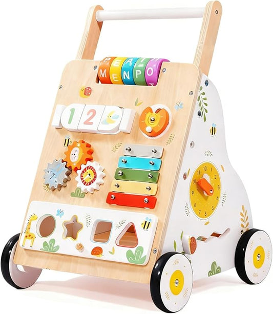 Wooden Baby Walker with Wheels, Baby Push Walker Adjustable Speed for Boys and Girls,Montessori Activity Center Walking Toys for 1 Year Old Learning to Walk,First Birthday Gift