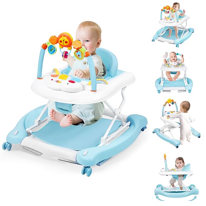 Baby Walker, 5-in-1 Baby Walkers for Boys and Girls 6-12 Months with Bouncer, Removable Footrest, Feeding Tray & Music, Foldable & Adjustable Activity Walker for 6-18 Months Toddler Infant