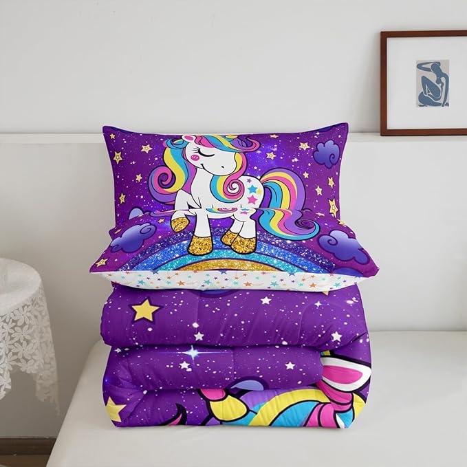 Feelyou Unicorn Bedding Twin Bed Sets for Girls Purple Cute Unicorn Comforter for Girls Comforter Set Star Print Kawaii Duvet Quilt Bedroom Decor Rainbow Bedding Cartoon Quilt,All Season