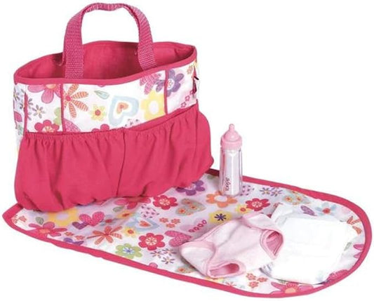 ADORA Baby Doll Diaper Bag with Sturdy Straps, Includes Changing Mat and 2 Doll Diapers (Fits 13" Dolls), Birthday Gift for Ages 3+ - Pink Flower Power