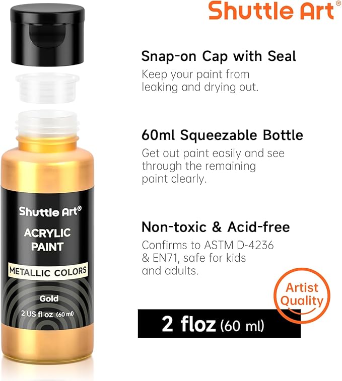 Shuttle Art Metallic Acrylic Paint Set, 20 Colors Metallic Paint in Bottles (60ml, 2oz) with 10 Brushes and 1 Palette, Rich Pigments, Non-Toxic for Artists, Beginners on Rocks Crafts CanvasWood Fabric