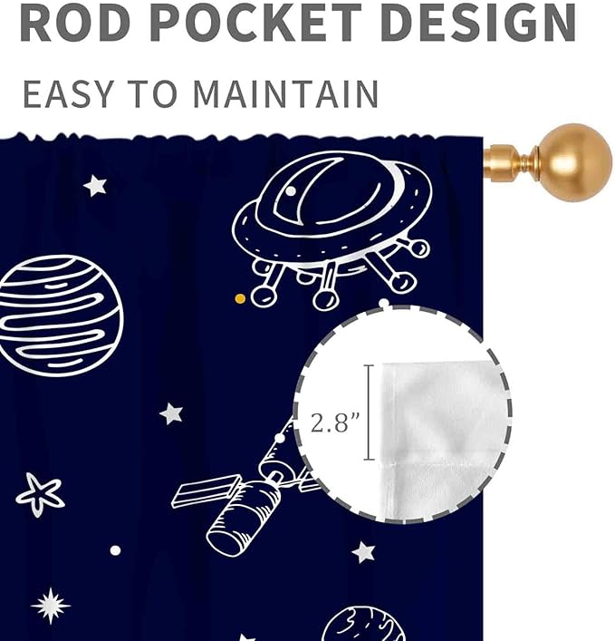 Kids Space Curtains for Boys Room, Cartoon Rocket Universe Galaxy Space Planets Navy Blackout Kids Window Drapery Treatments for Bedroom Living Room Nursery Playroom 2 Panels, 84"x63" Inch