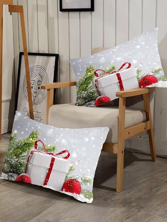 kxry Christmas Fitted Sheet Set Snow Scene Evergreen Bough Bedding Set Full Size for Girls Boys Kids Gift Box Red Balls 1 Fitted Sheet + 1 Flat Sheet + 2 Pillow Cases