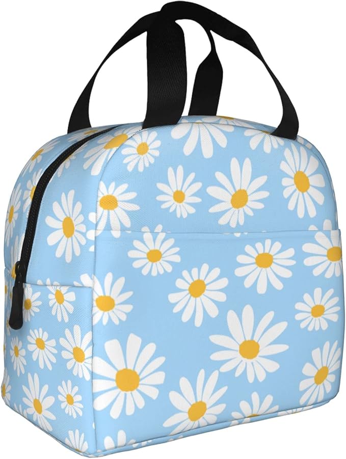 Pretty Floral Daisy Light Blue Lunch Bag Insulated Lunch Box Reusable Lunchbox Waterproof Portable Lunch Tote For Women Girls